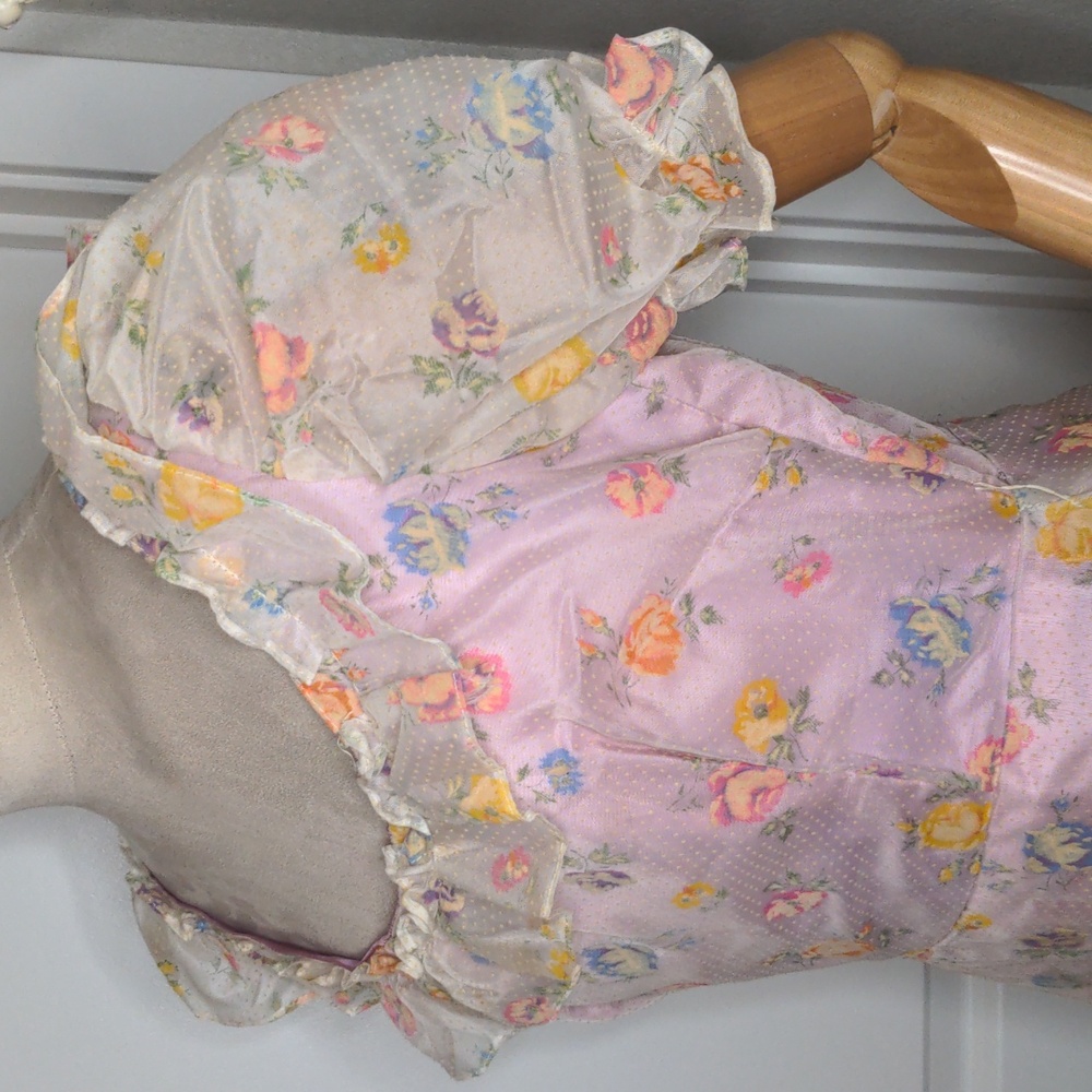 Vintag 70s Maxi Dress Prairie Gunne Style Floral Swiss Dot Pink Purple Sz Small - Picture 10 of 15
